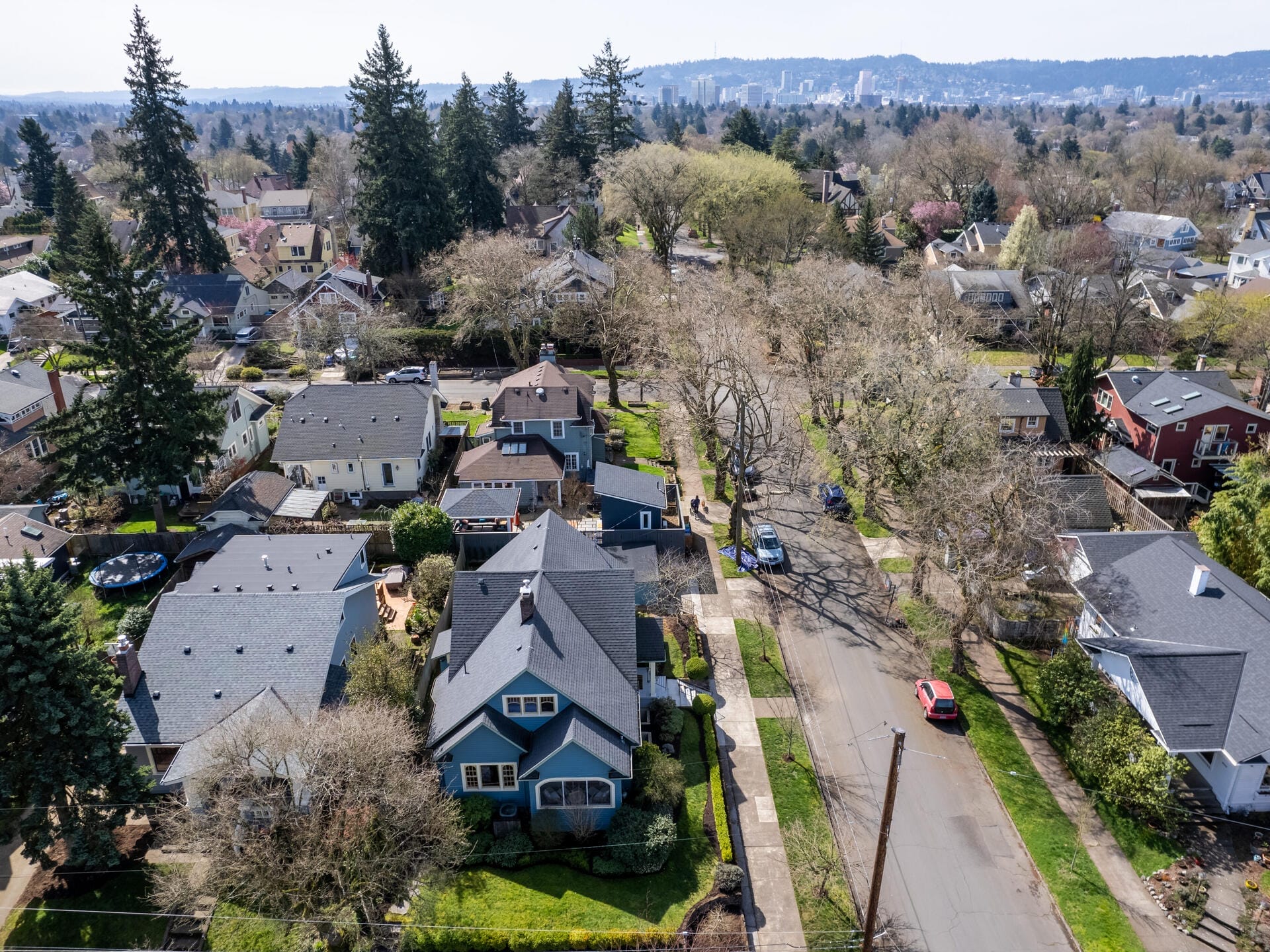Aerial view of a residential neighborhood featuring tree-lined streets and houses with varying architectural styles. The background shows a distant cityscape with a few high-rise buildings under a clear sky.