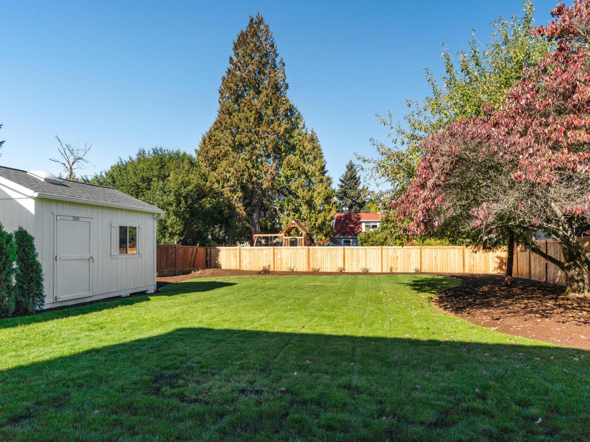 A spacious backyard with a well-maintained lawn. A small white shed sits on the left, and a tall tree is positioned centrally. The yard is bordered by a wooden fence, with a large red-leaved tree on the right and a play structure in the distance.