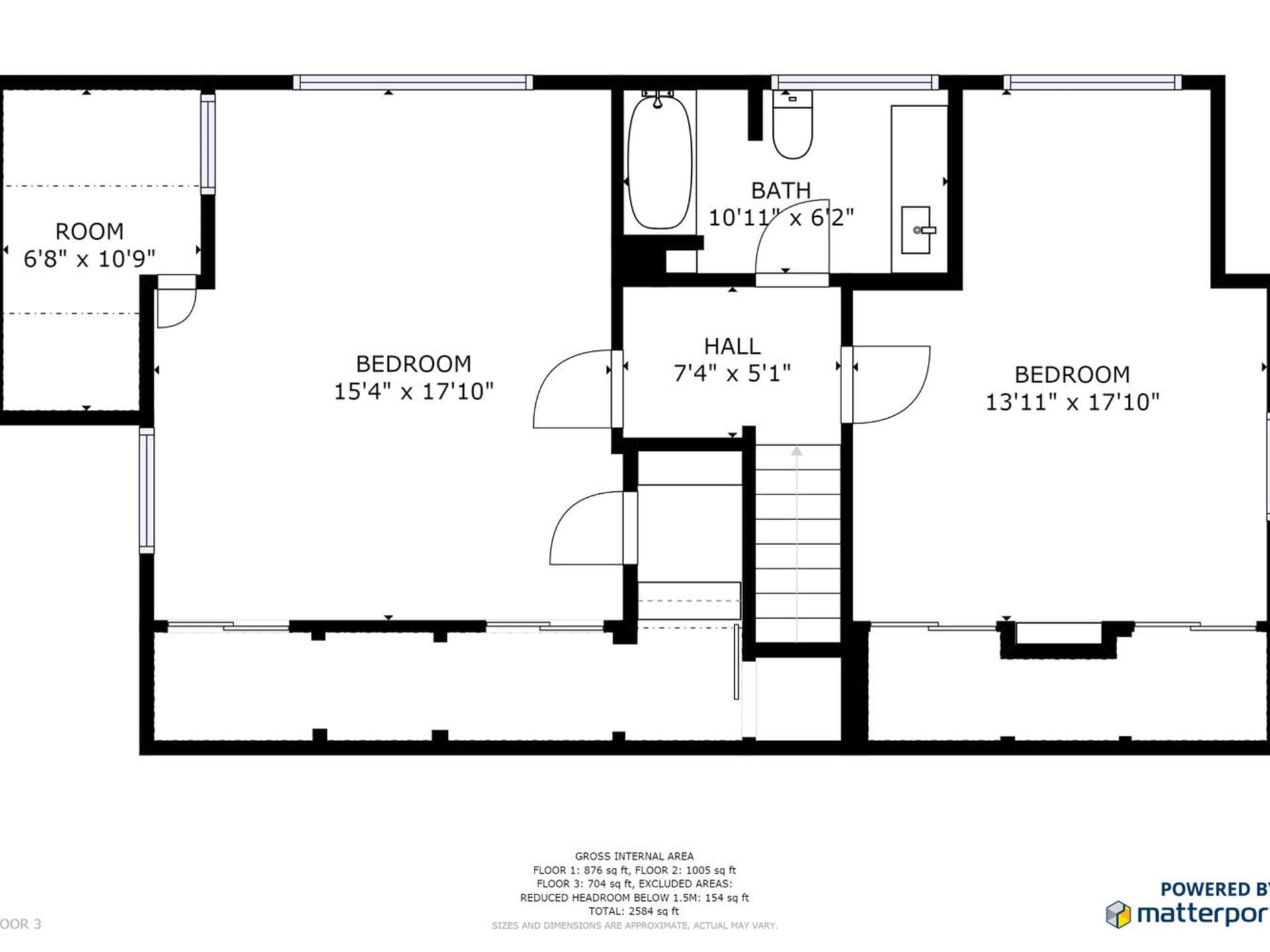 Floor plan showing two bedrooms, a bathroom, and a small room. Dimensions are labeled: Bedroom 1 (154 x 1710), Bedroom 2 (1311 x 1710), Room (68 x 109), Hallway (74 x 51), and Bathroom (1011 x 62). Powered by Matterport.