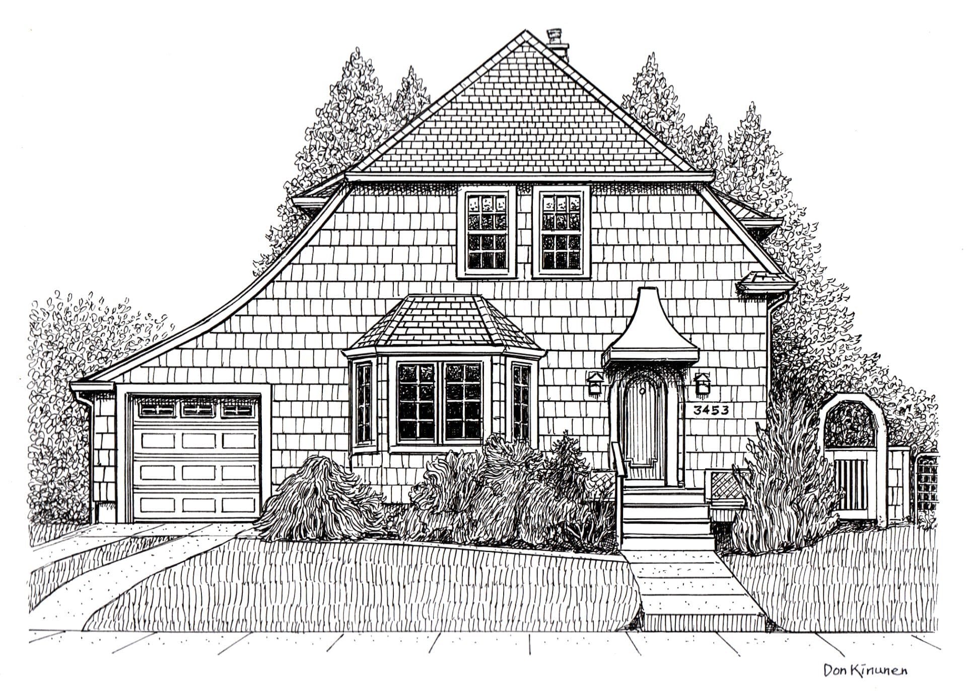 A black and white line drawing of a charming house with a shingled exterior, steep roof, and bay window. It has a single-car garage, front steps leading to an arched doorway, and is surrounded by trees and shrubs. Number 3453 is on the front.