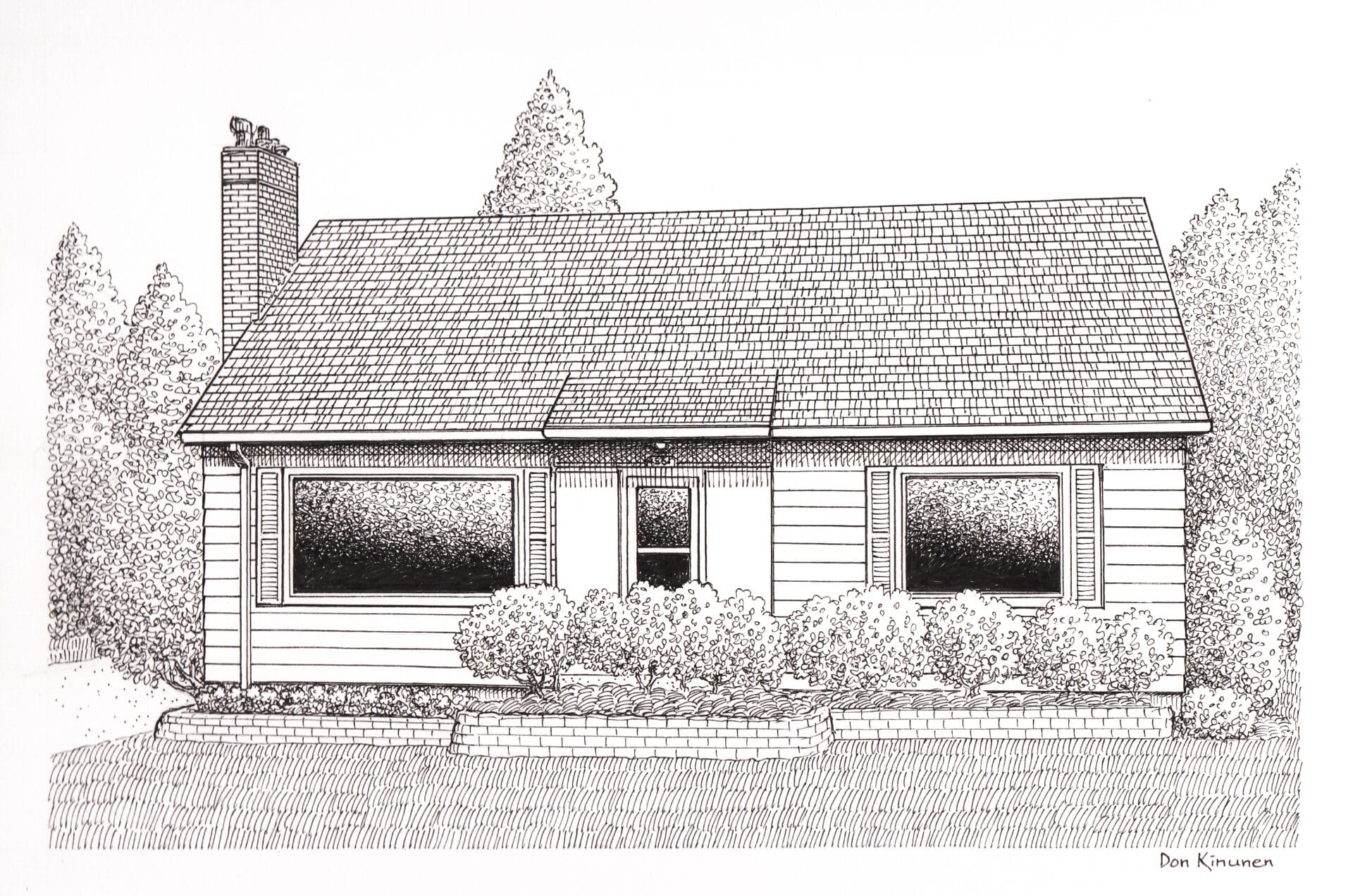 Black and white line drawing of a quaint single-story house with a chimney, two large front windows, and greenery in front. The roof is shingled, and trees are visible in the background.