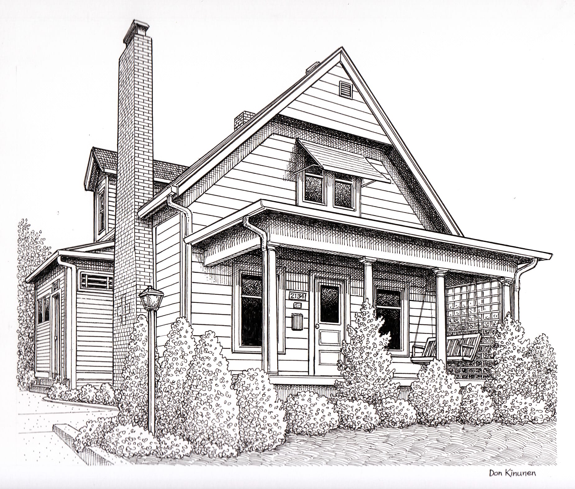 Detailed black and white drawing of a two-story house with a covered front porch, chimney, and surrounding shrubs. The porch has a swing and the house features several windows and a side extension.