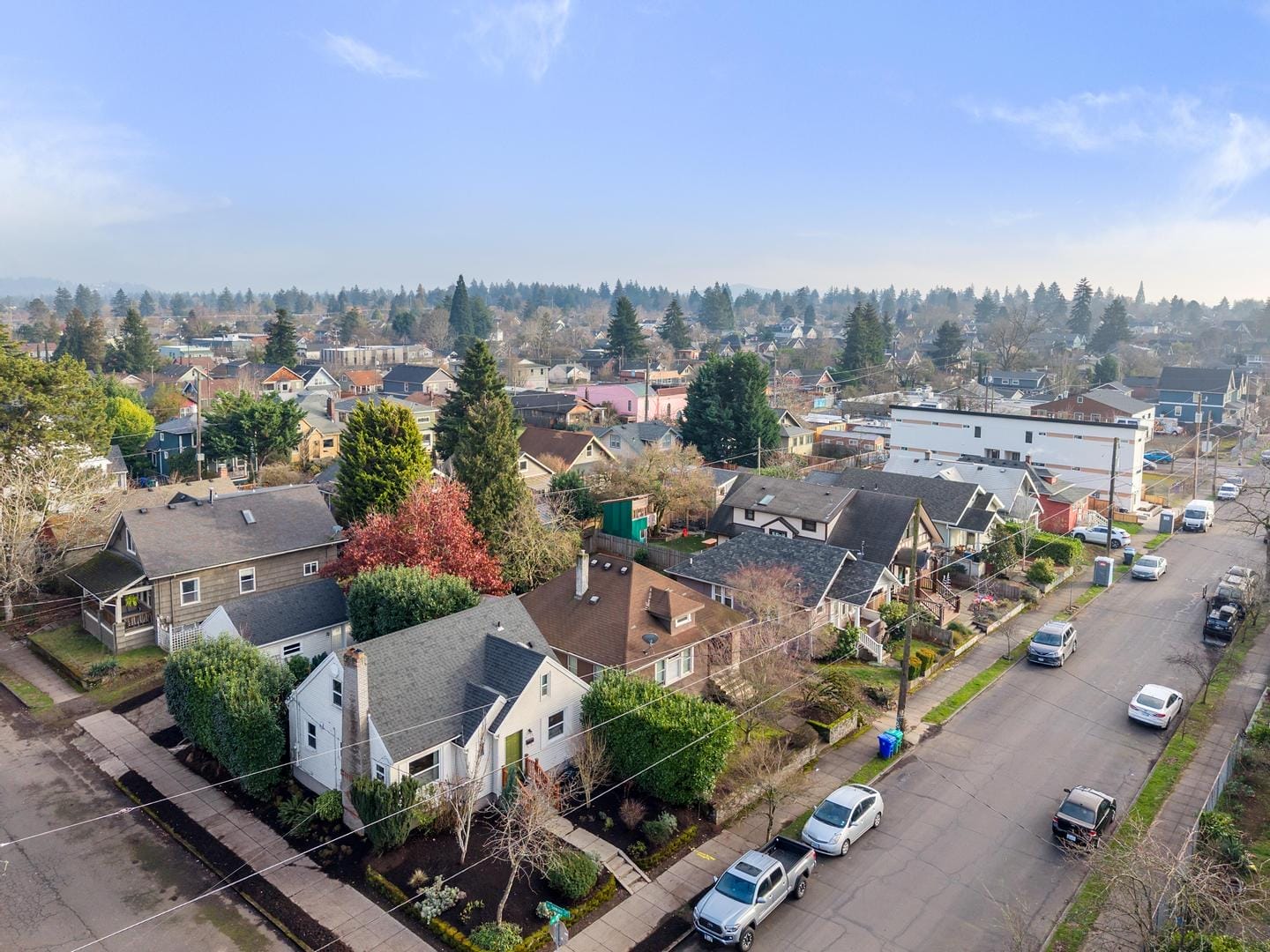 Aerial view of a suburban neighborhood with tree-lined streets. Homes with various roof styles sit next to each other, surrounded by seasonal trees. Parked cars line the quiet road. The sky is clear with a few clouds.