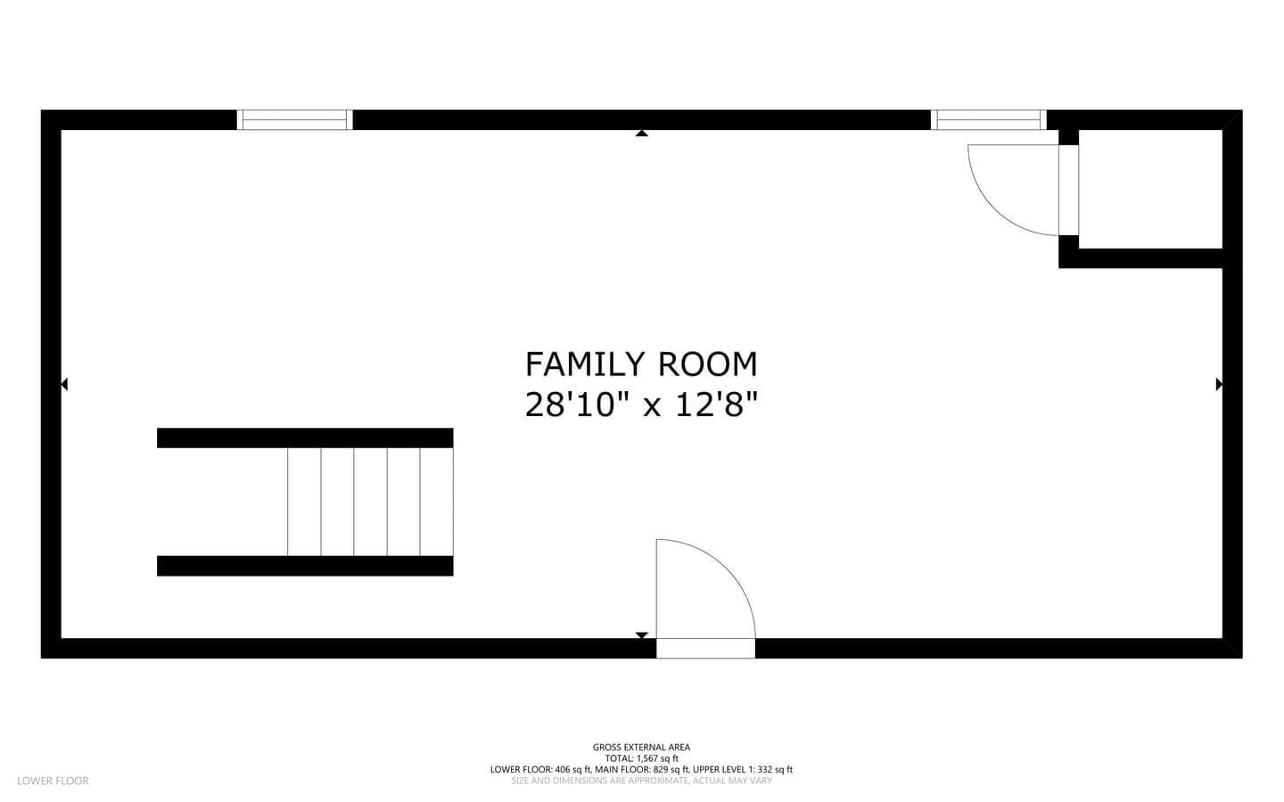 Floor plan showing a family room with dimensions 2810 by 128. The room features a staircase on the left and two doors on opposite walls. Black outlined walls.