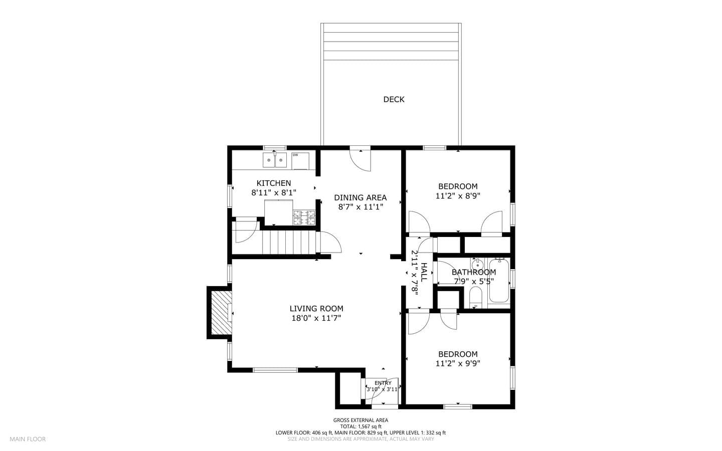 Floor plan of a house showing a living room, kitchen, dining area, two bedrooms, a bathroom, and a deck. The living room is near the entry, and the kitchen and dining area lead to the deck. Bedrooms and bathroom are adjacent to each other.