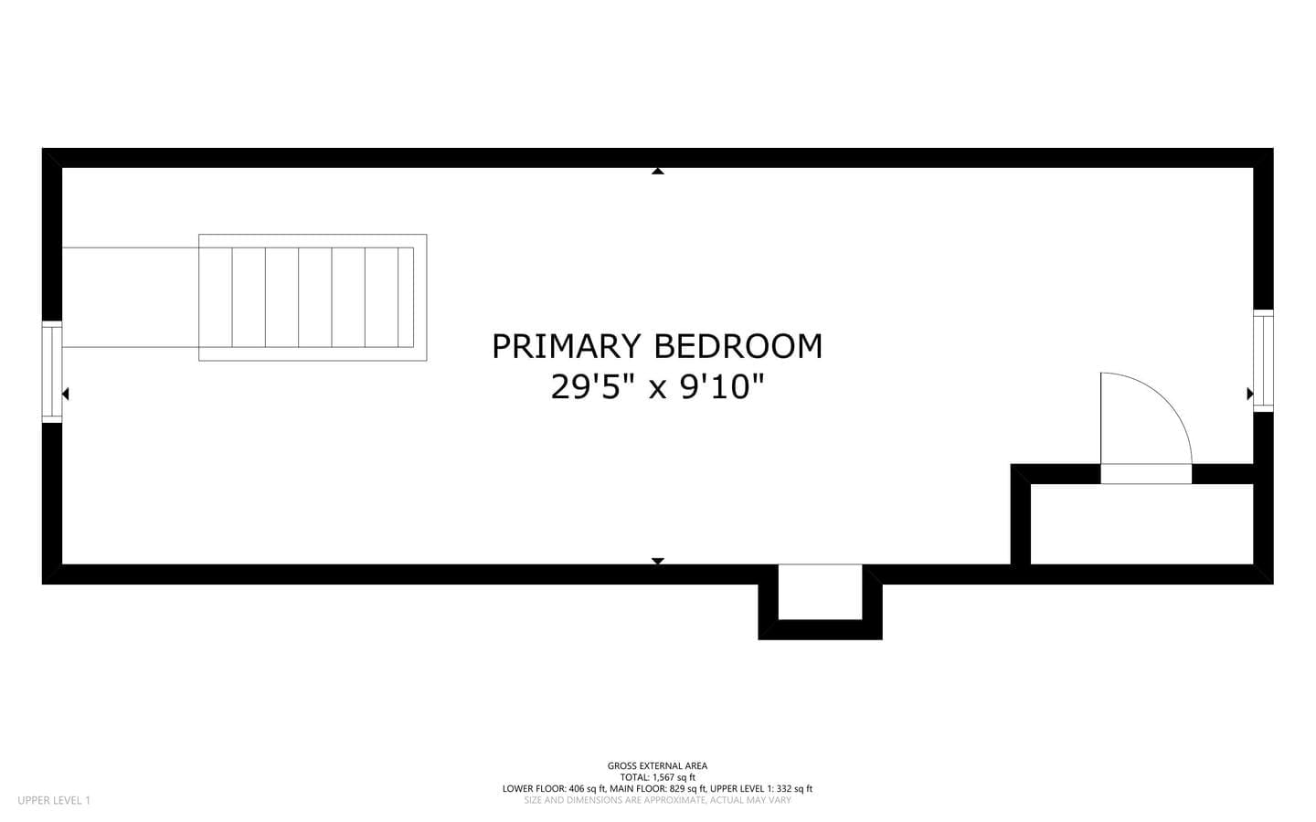 Floor plan of a primary bedroom measuring 295 by 910. It includes a staircase on the left, a door on the right, and windows on both shorter sides. Gross external area and other specifications are noted at the bottom.