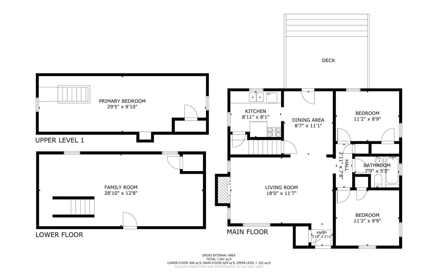 Floor plan of a multi-level house showing a primary bedroom and family room on the upper level, and two bedrooms, a bathroom, kitchen, dining, and living rooms on the main floor. There is also a deck accessible from the dining area.