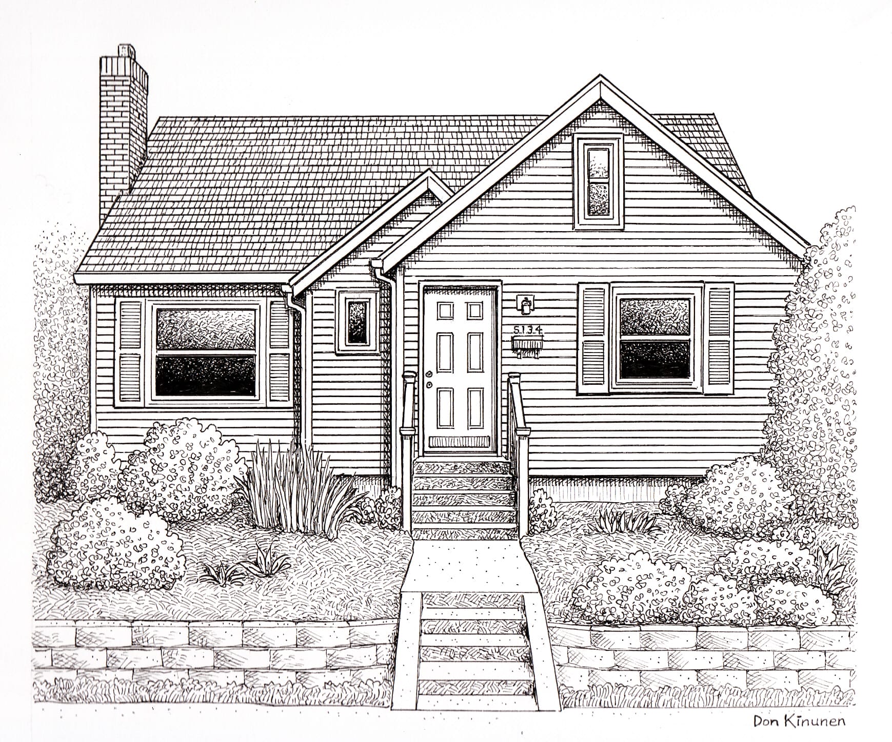 Black and white drawing of a single-story house with a gable roof, chimney, and front porch. There are steps leading up to the entrance, surrounded by shrubs and flowers.