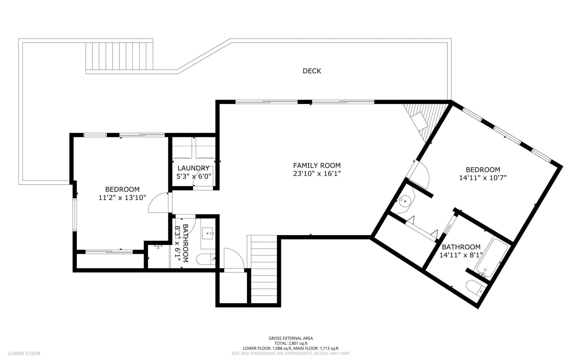 Black and white floor plan showing a rectangular family room, two bedrooms, a bathroom, laundry room, and deck. Rooms are labeled with dimensions and feature walls and doors. Stairs lead from the lower floor.