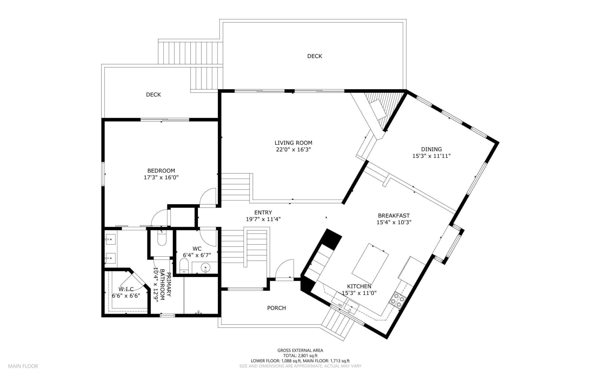 Floor plan showing the main floor layout with a living room, dining area, breakfast nook, kitchen, bedroom, WC, and bathroom. Includes a porch at the entrance and multiple decks extending from the living and dining areas.