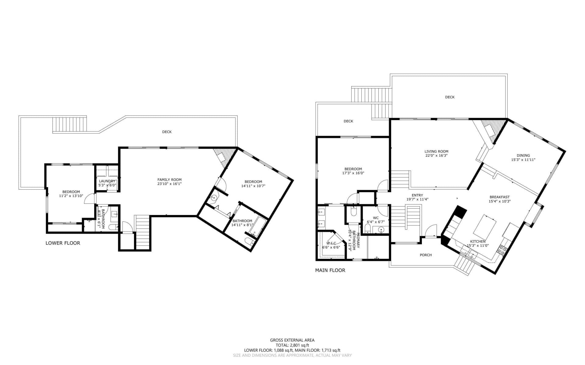 Black and white floor plan showing a lower and main floor layout. The lower floor includes bedrooms, a bathroom, and a family room. The main floor features a kitchen, dining room, living room, master bedroom, and deck areas.