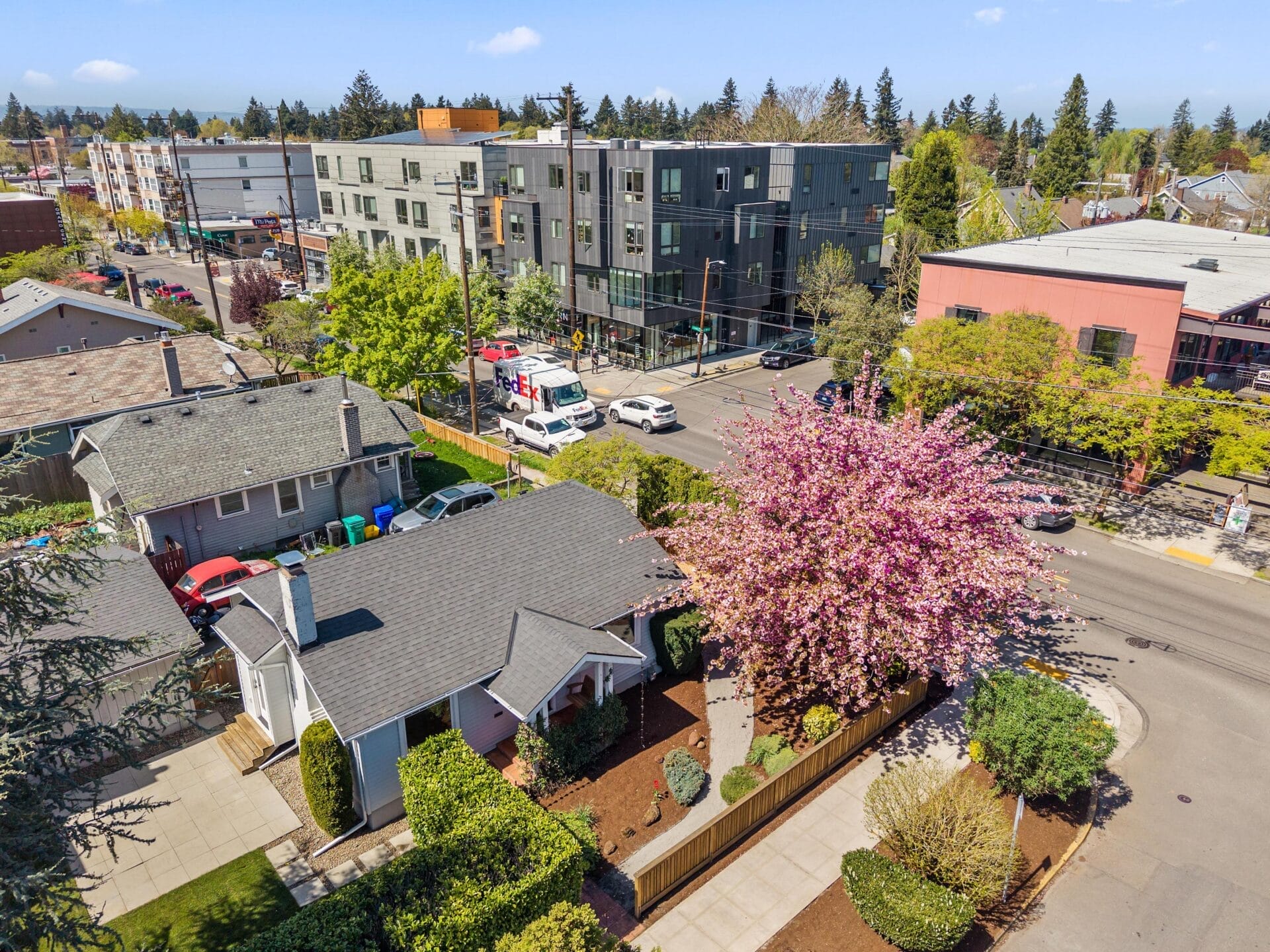 Aerial view of a suburban neighborhood with a house in the foreground, blooming pink tree, green shrubs, and modern apartment buildings and cars at a busy intersection in the background on a sunny day.