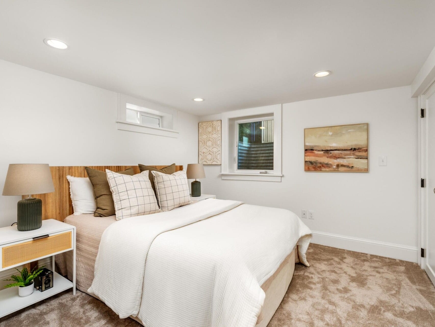 A modern bedroom with a large bed, neutral bedding, two bedside tables with lamps, a potted plant, a landscape painting on the wall, carpeted floor, and a window letting in natural light.