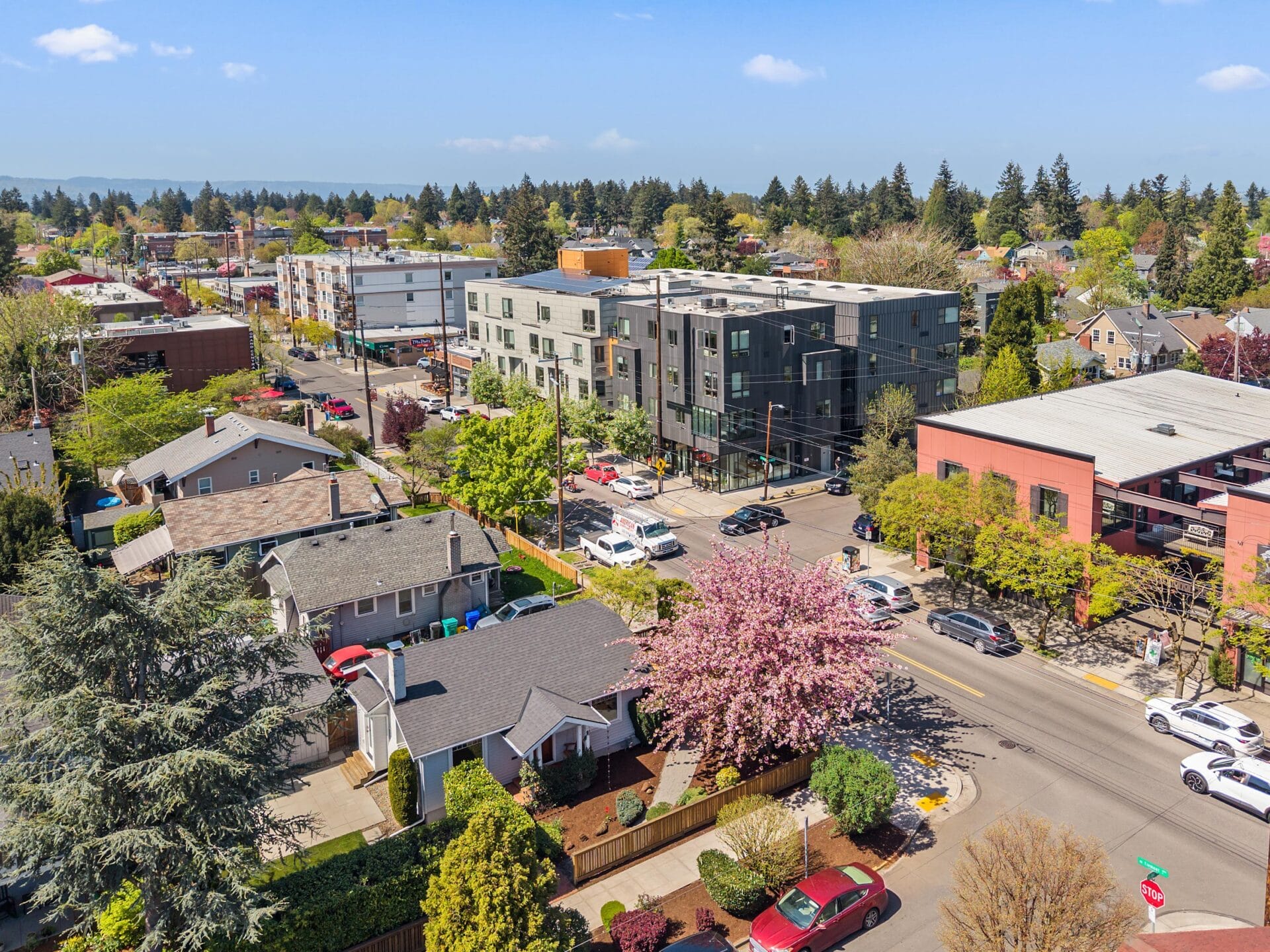 Aerial view of a suburban neighborhood with houses, trees, blooming pink tree, modern apartment buildings, and cars parked along the streets under a clear blue sky.