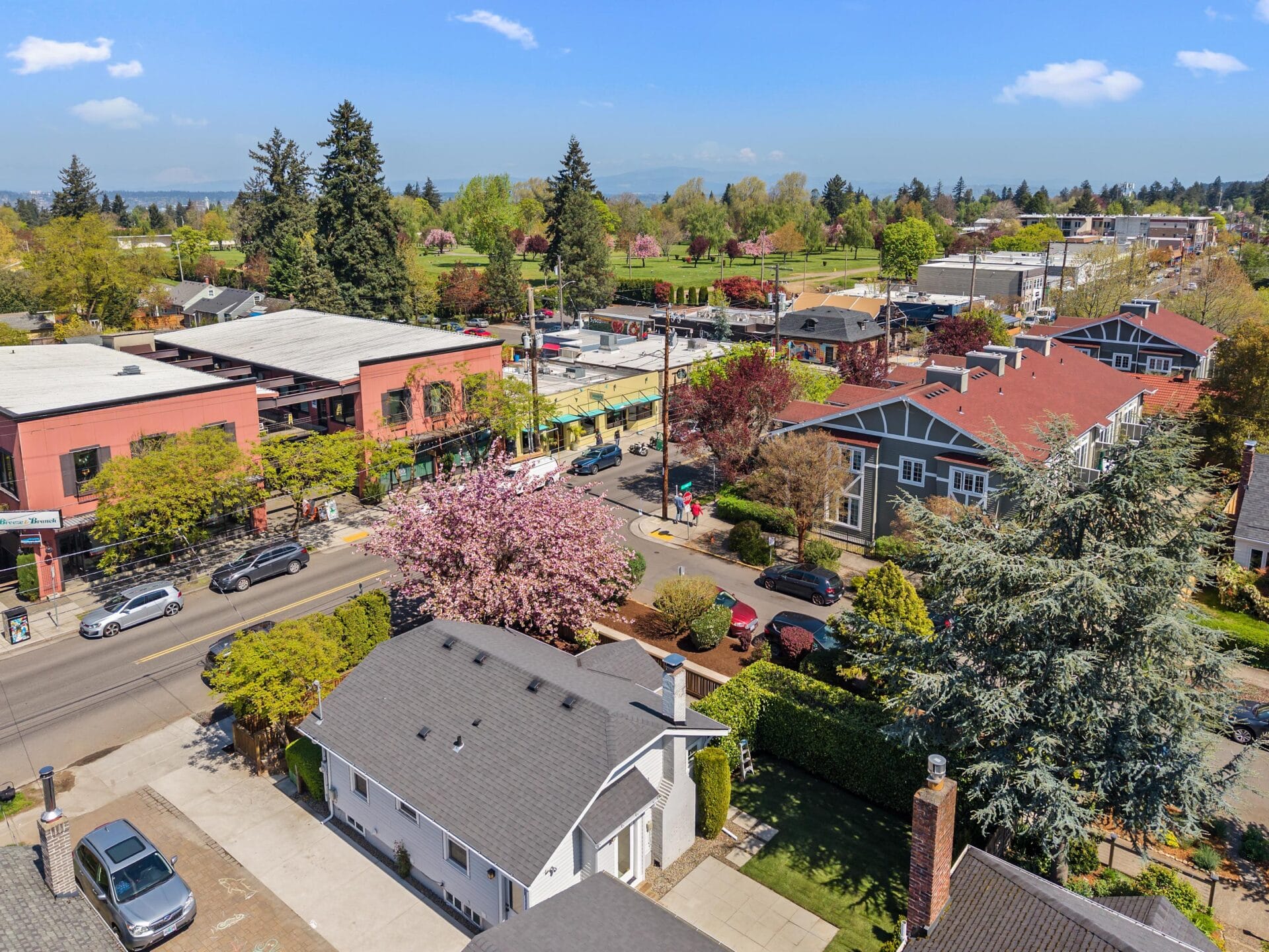 Aerial view of a suburban neighborhood with houses, blooming trees, parked cars, and nearby commercial buildings under a clear blue sky on a sunny day.