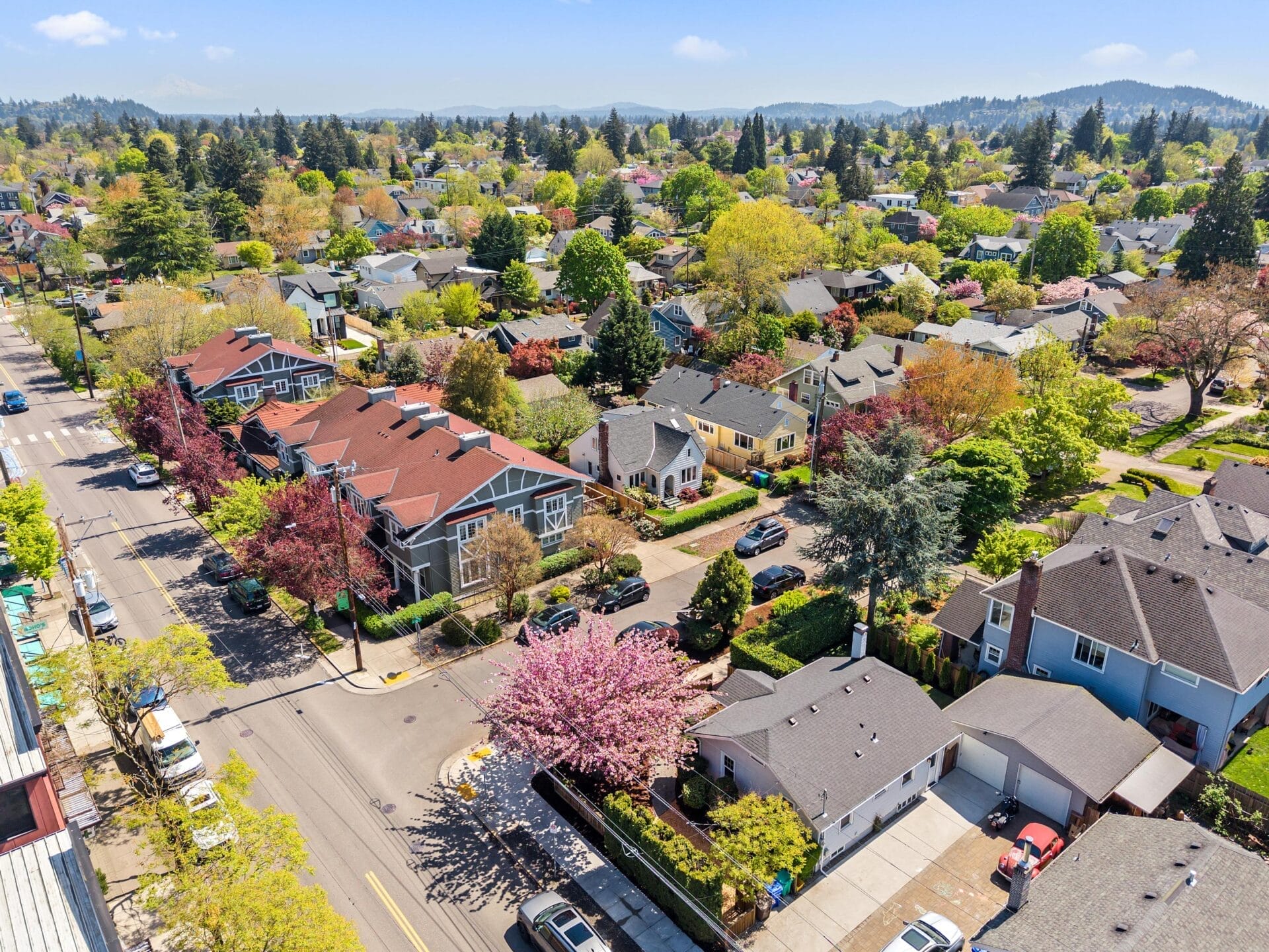 Aerial view of a suburban neighborhood with tree-lined streets, colorful spring foliage, houses with yards, and mountains visible in the distant background under a clear blue sky.