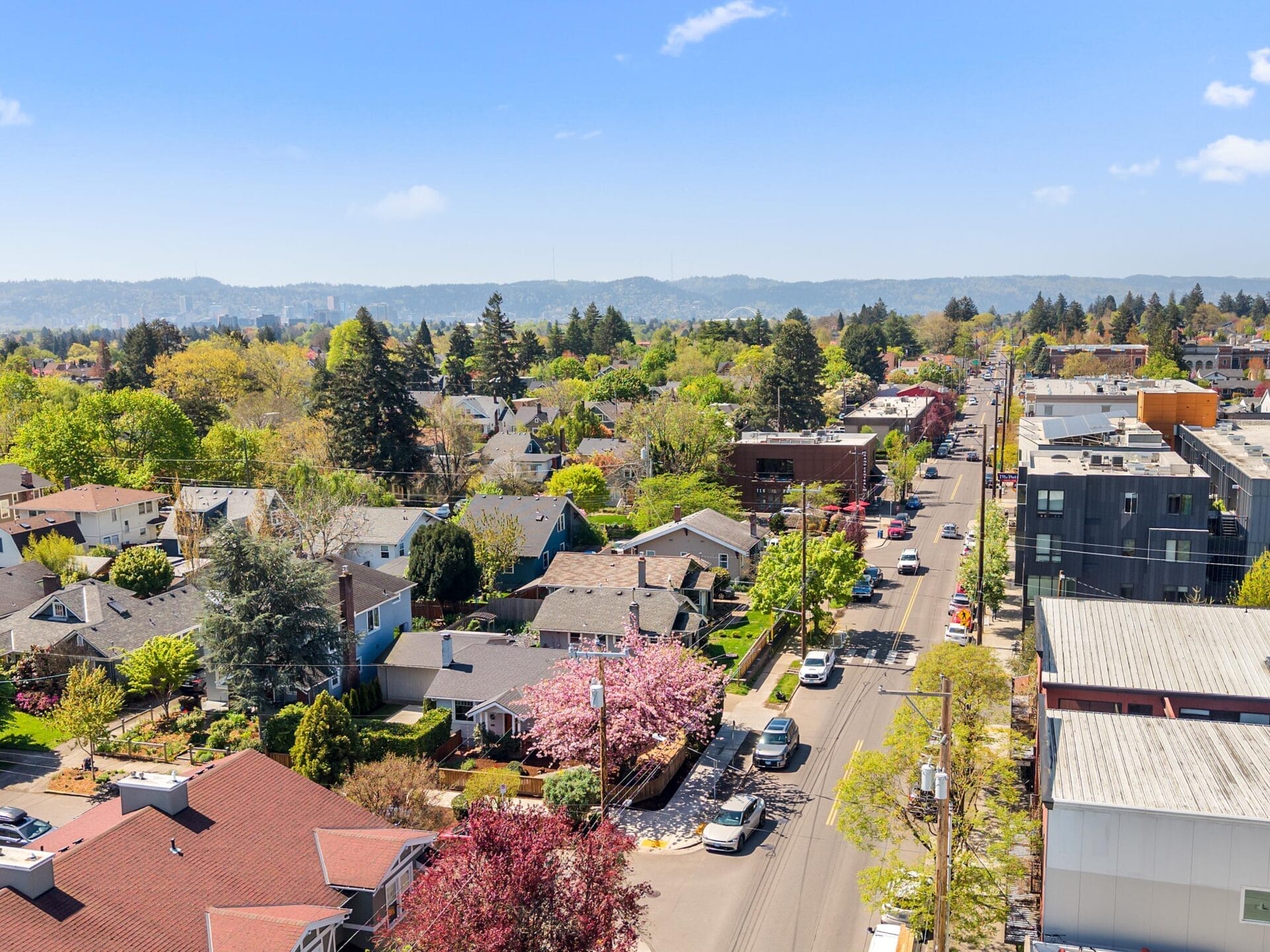 A sunny aerial view of a residential neighborhood with tree-lined streets, houses with yards, blooming pink trees, and cars parked along the road, with distant hills visible under a blue sky.