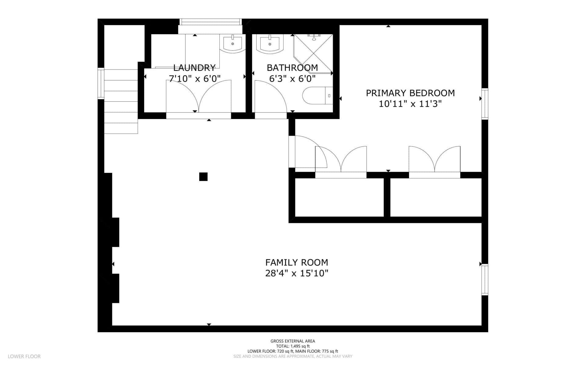 Black and white floor plan labeled Lower Floor, showing a family room, primary bedroom, bathroom, laundry room, and hallway with doors connecting each area. Room dimensions are included in feet and inches.