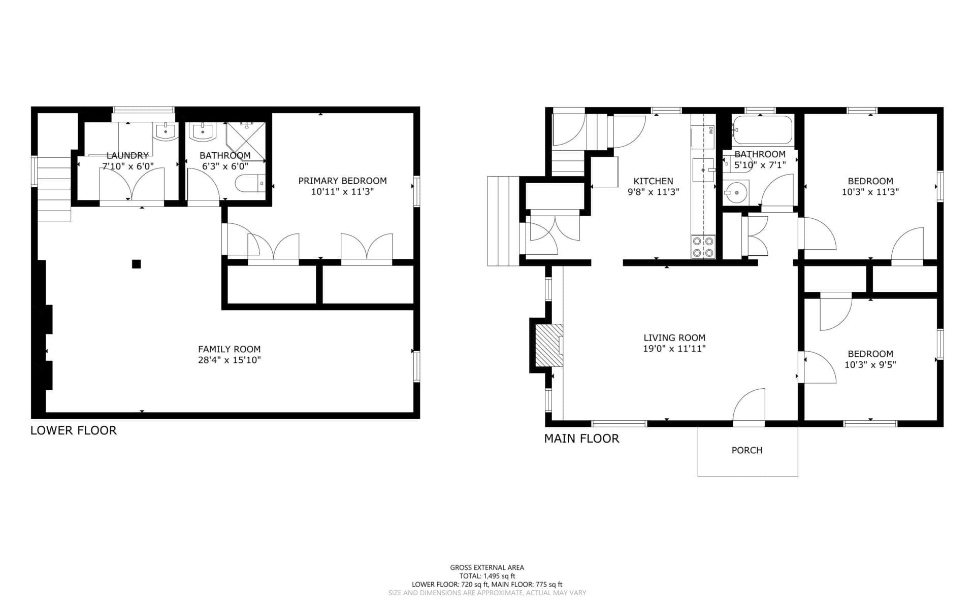 Black and white floor plan of a two-level home showing labeled rooms: lower floor with family room, laundry, bathroom, and primary bedroom; main floor with living room, kitchen, bathroom, and three bedrooms.