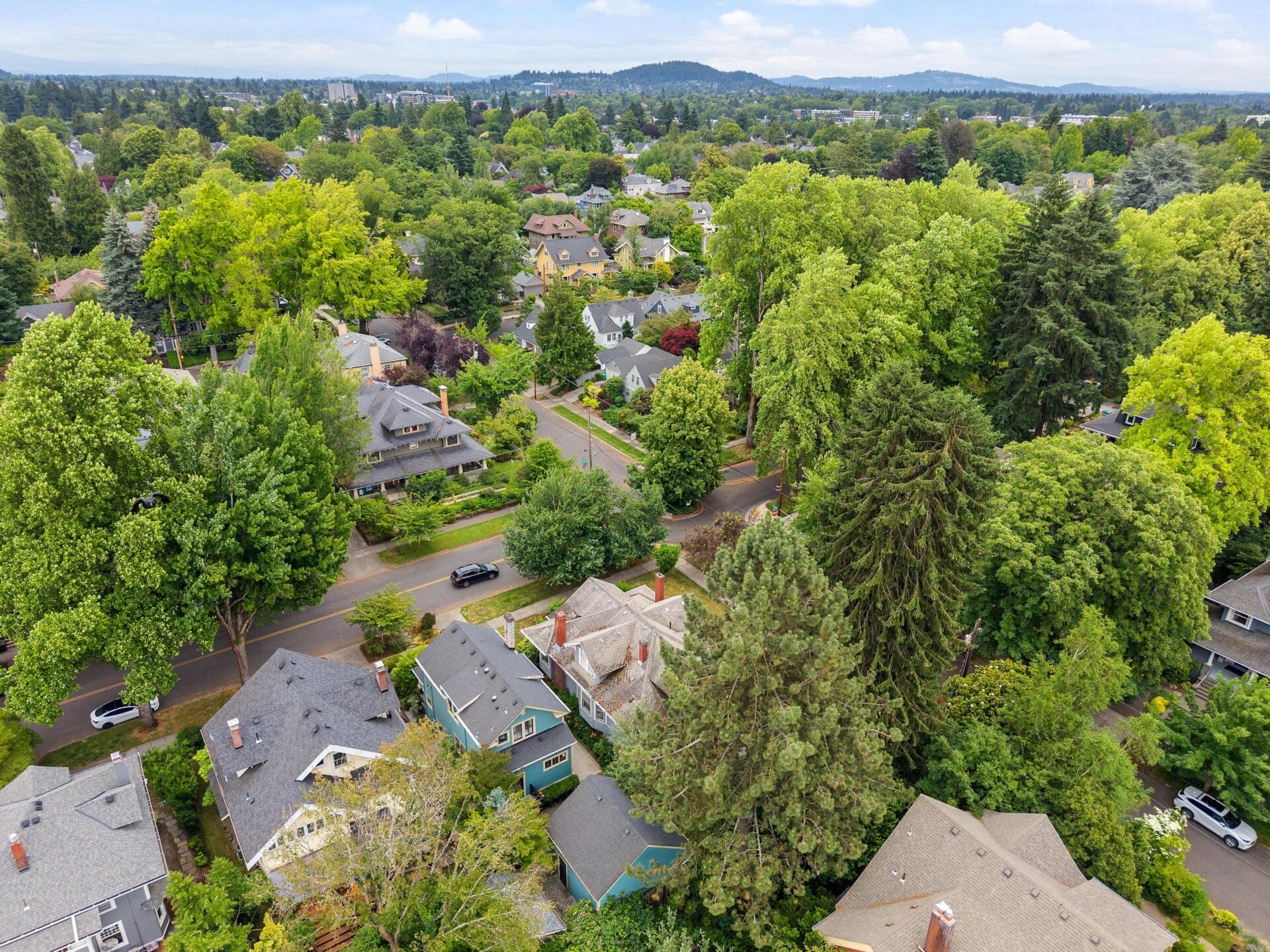 Aerial view of a suburban neighborhood with tree-lined streets, houses surrounded by greenery, and distant hills under a cloudy sky.