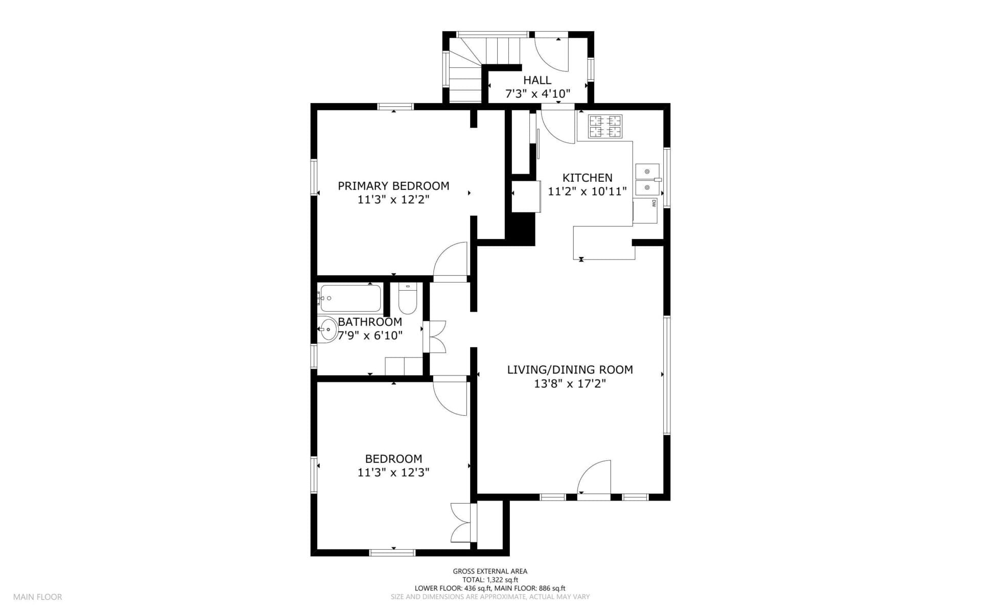 Black and white floor plan showing a hall, kitchen, living/dining room, primary bedroom, bathroom, and second bedroom, with each room labeled and dimensions indicated in feet and inches.