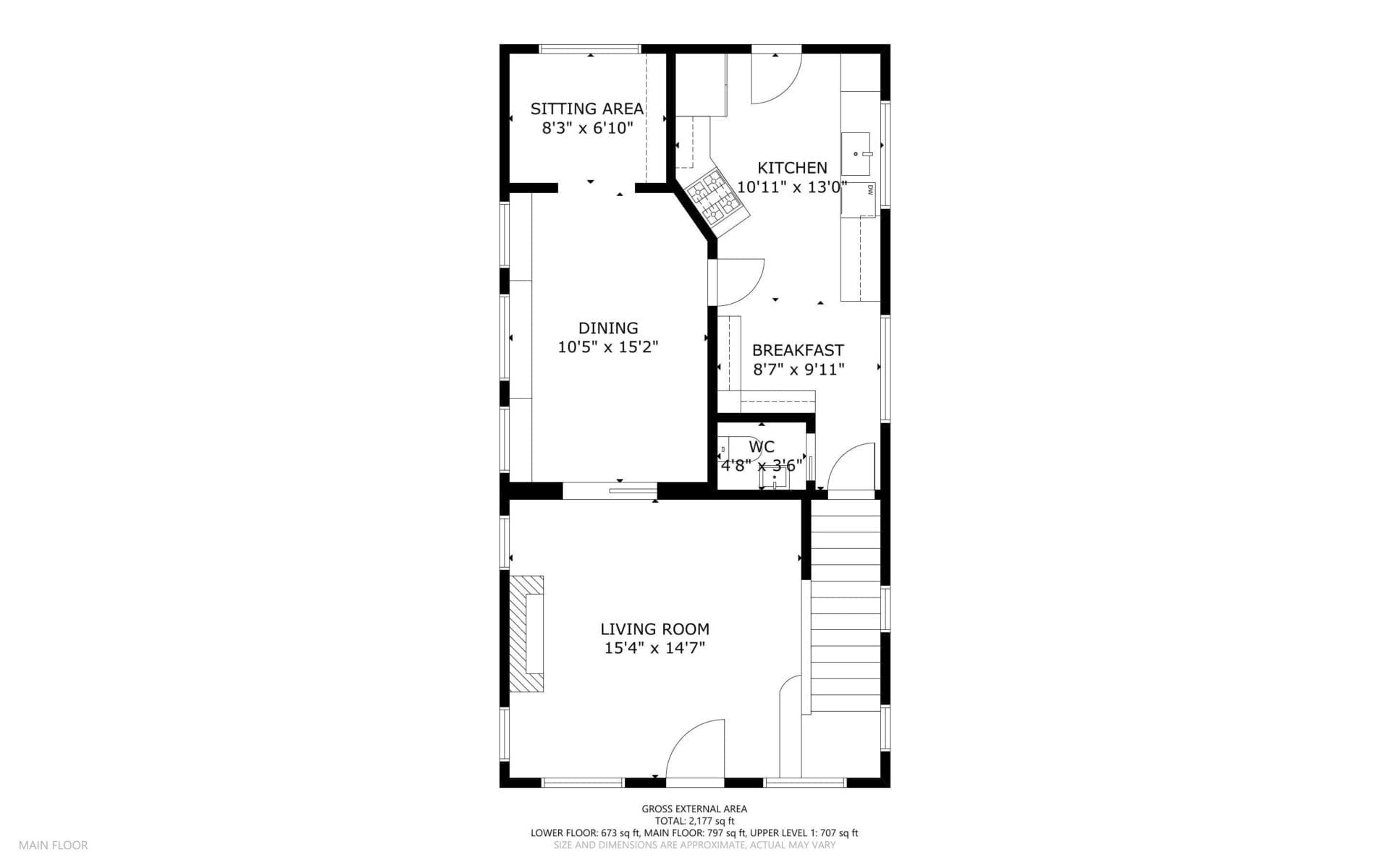 Black and white floor plan of a main floor featuring a living room, dining room, kitchen, breakfast area, sitting area, and a WC, with labeled dimensions for each room and stairs leading to another level.