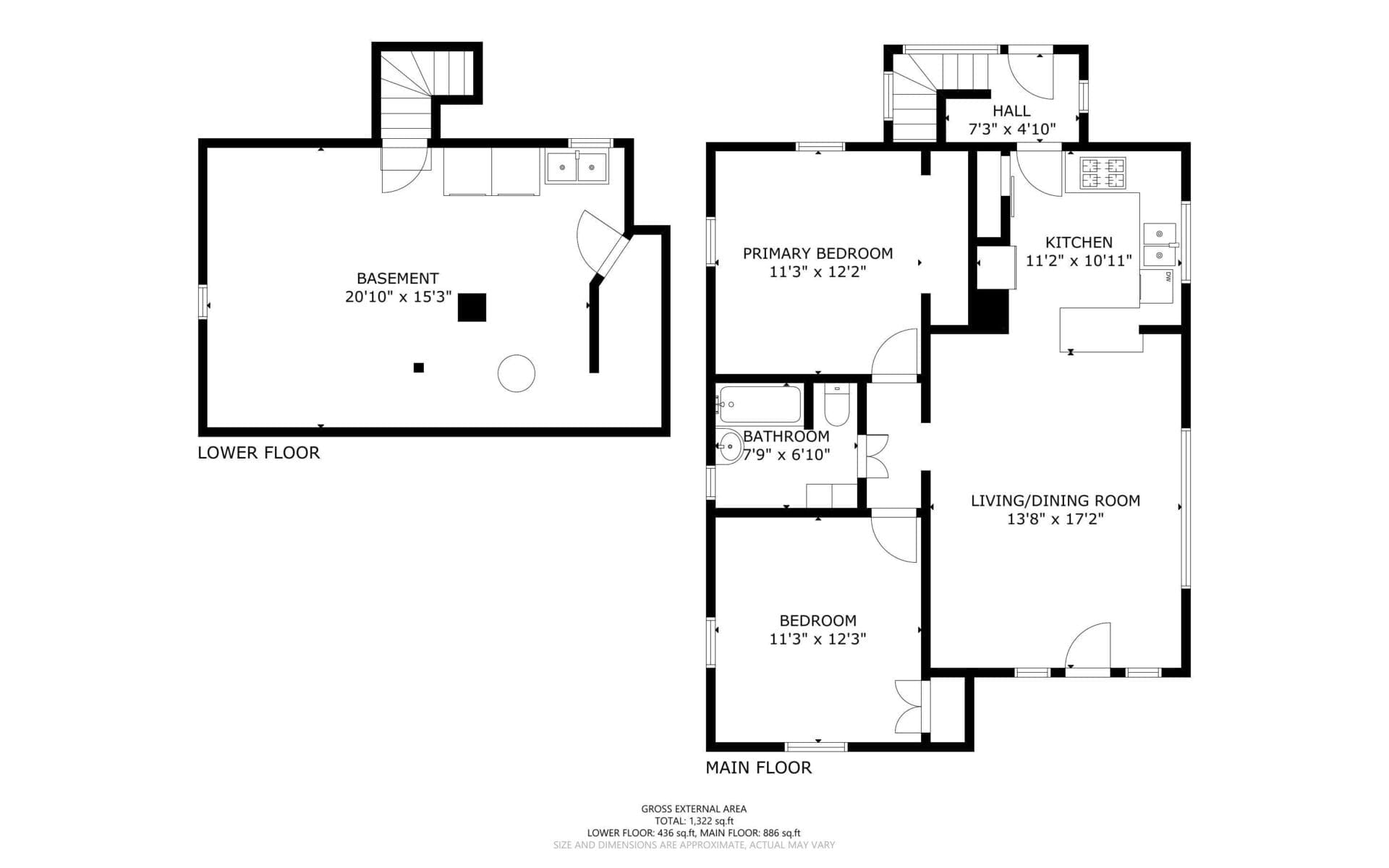 Black and white floor plan showing a lower floor with a basement and a main floor with two bedrooms, a bathroom, a hall, a kitchen, and a combined living/dining room. Room dimensions are labeled throughout.