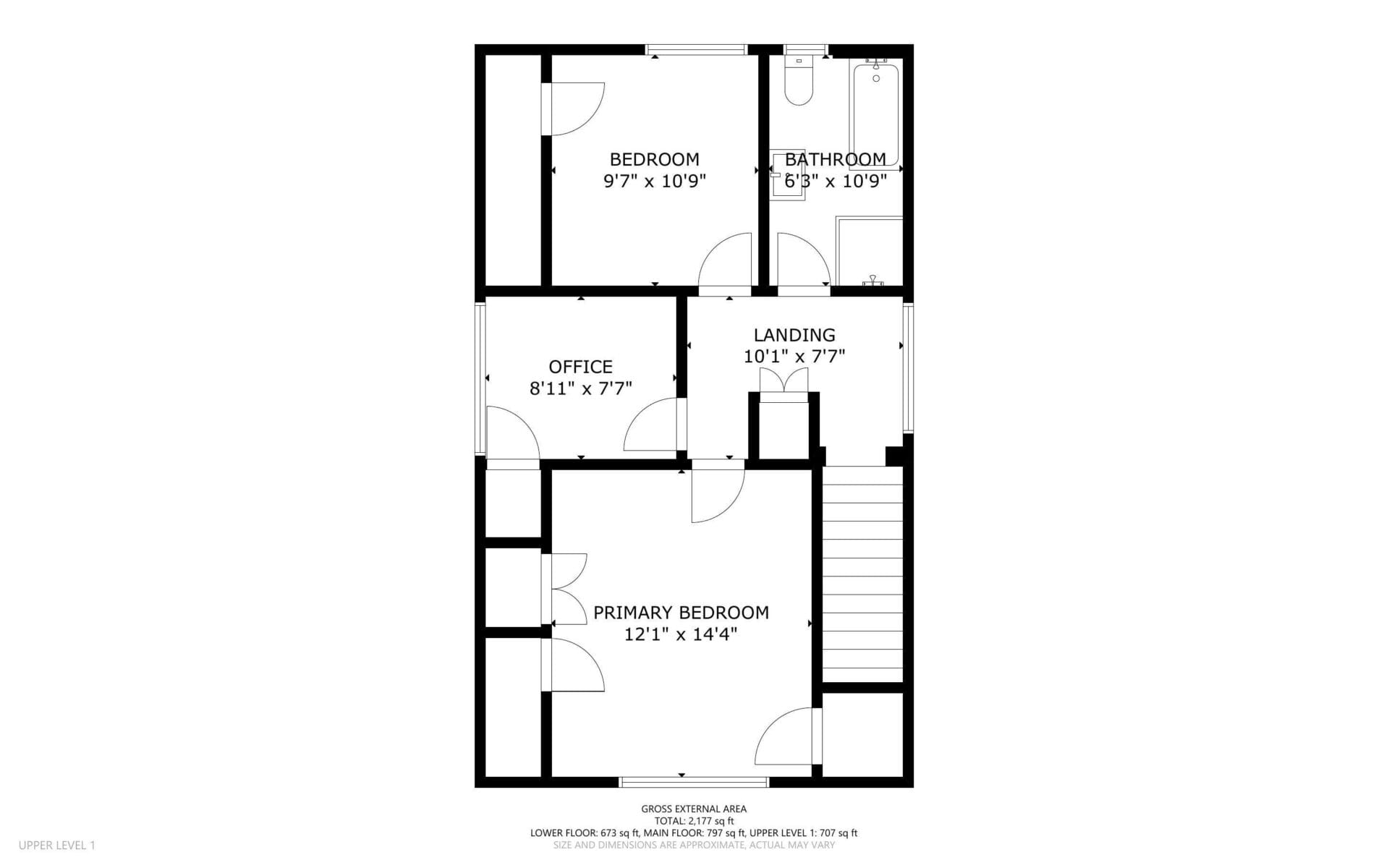 Black and white floor plan of an upper level with a primary bedroom, a second bedroom, an office, a bathroom, a landing, and a staircase. Each room is labeled with dimensions in feet and inches.