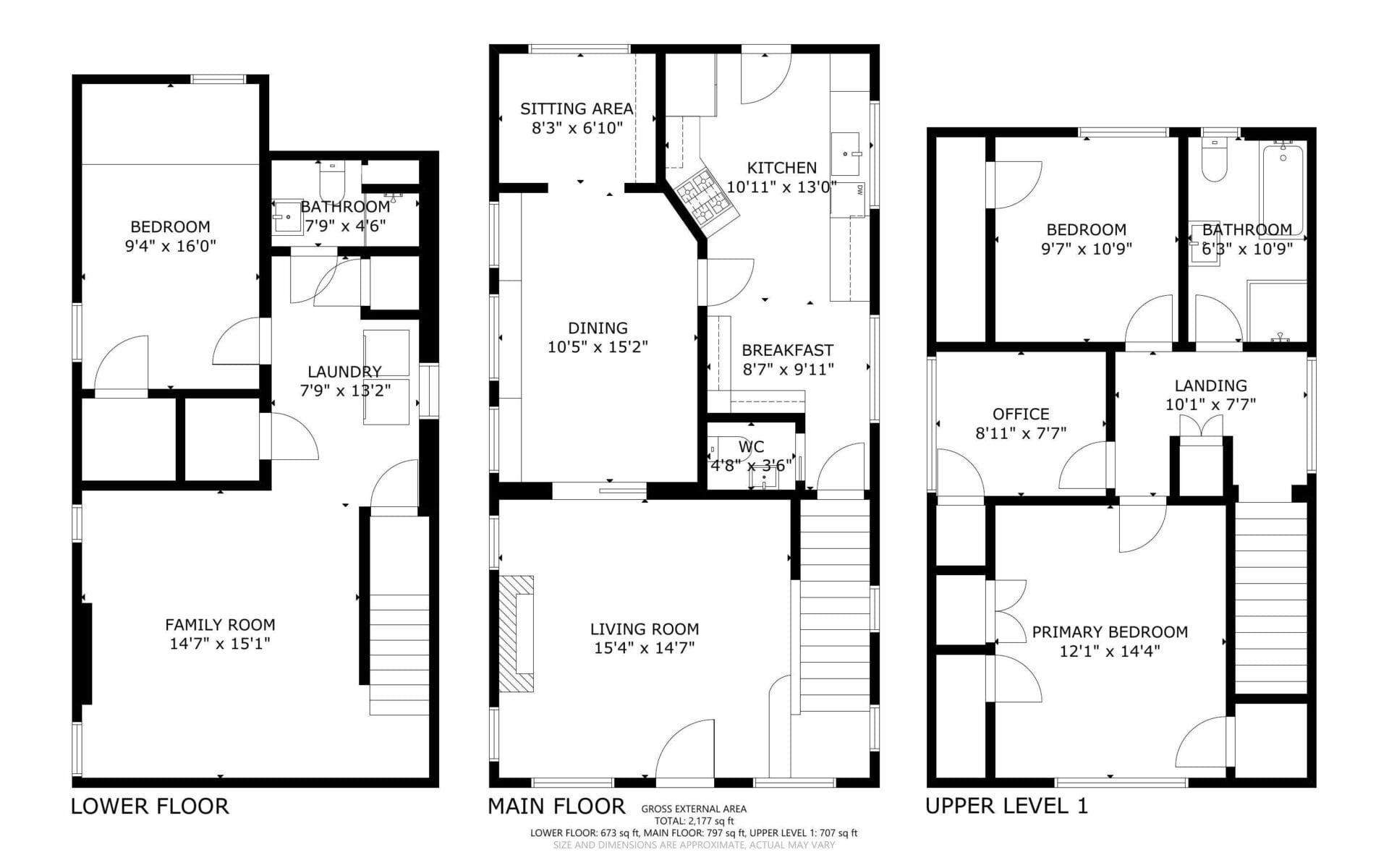 Black and white floor plan of a three-level house, showing labeled rooms on the lower, main, and upper floors, including bedrooms, bathrooms, living spaces, kitchen, office, laundry, and hallways. Stairs connect each level.