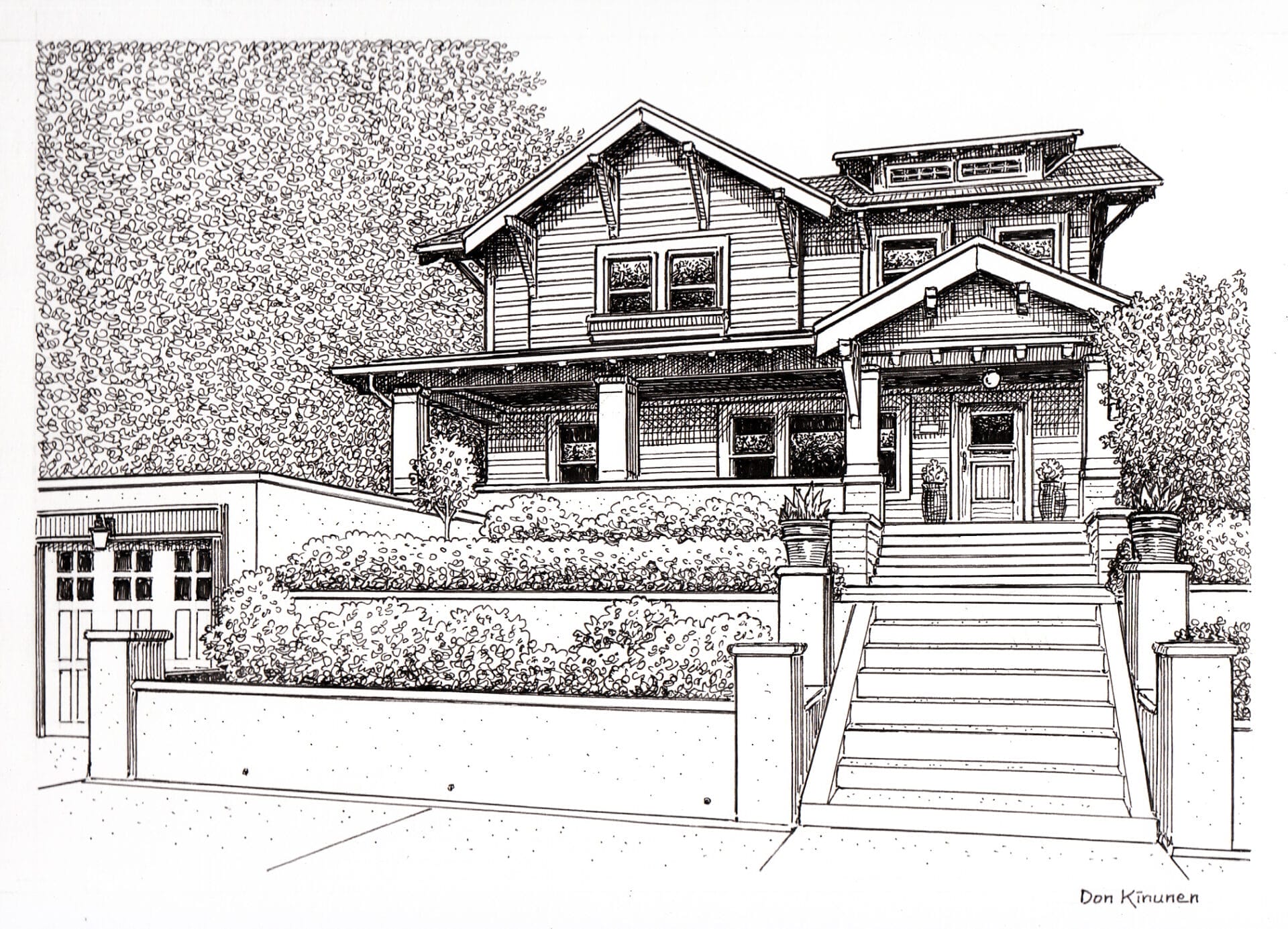 Black and white pen drawing of a two-story Craftsman-style house with a front porch, large steps leading up, manicured hedges, and a detached garage on the left. Trees fill the background.