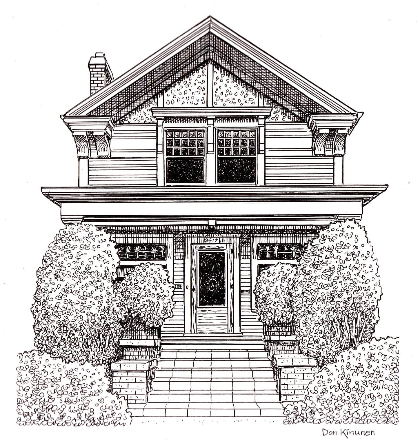 Black and white line drawing of a two-story house with a covered front porch, central door, square windows, and bushes lining the walkway and porch steps. The artist’s signature is in the bottom right corner.