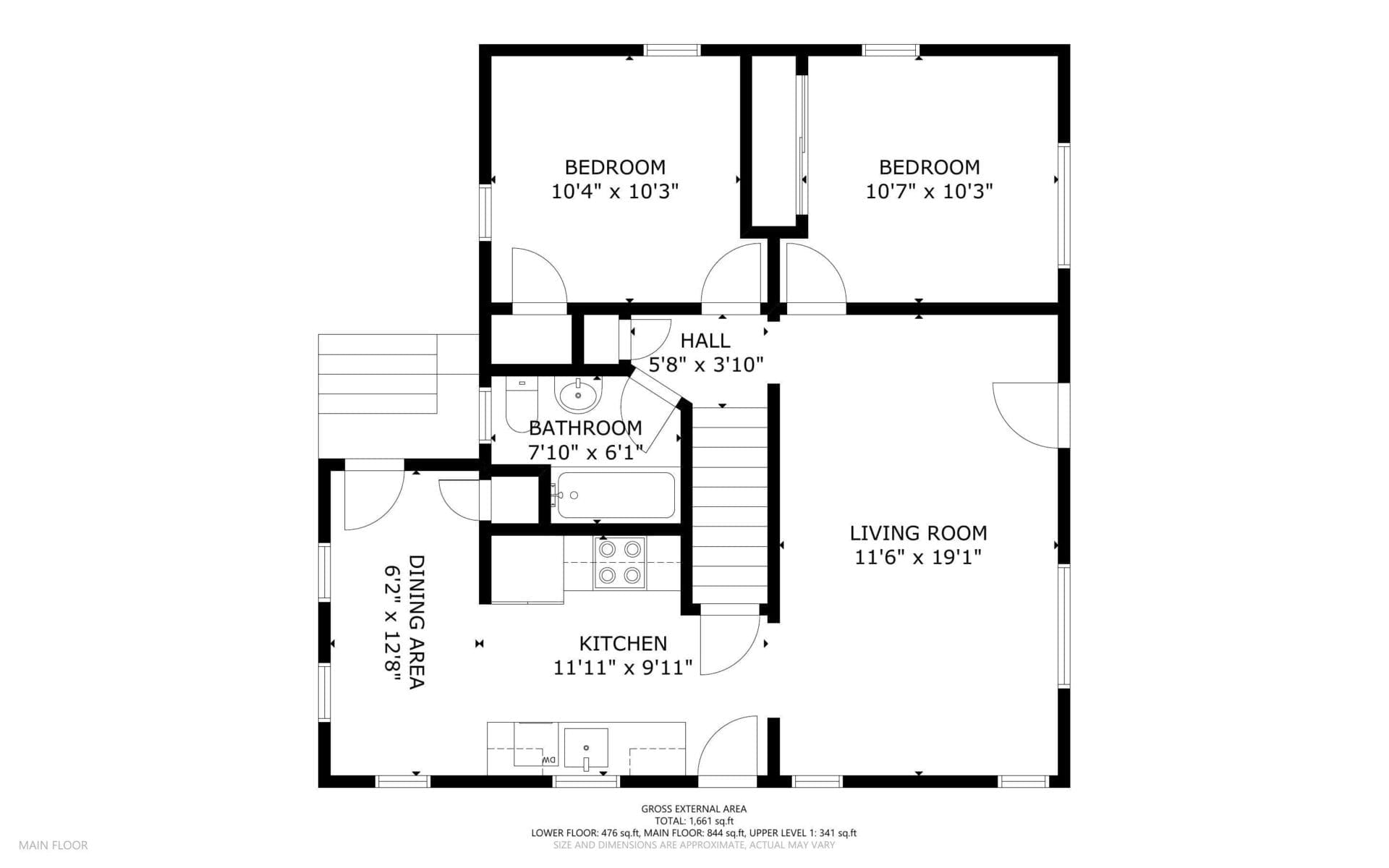 Black and white floor plan of a home’s main floor showing living room, kitchen, dining area, hall, bathroom, and two bedrooms, with labeled room names and dimensions in feet and inches.