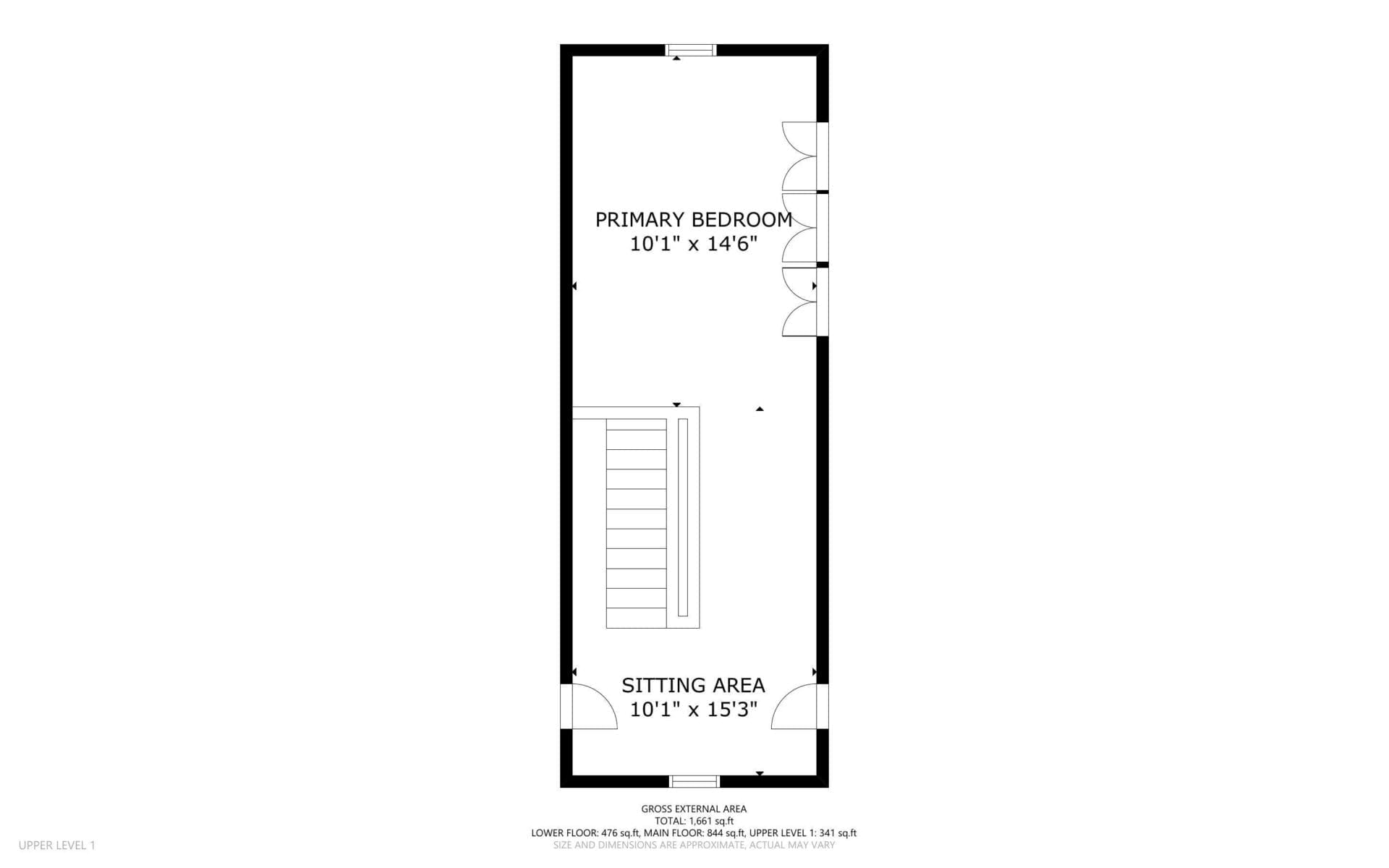 A black and white floor plan shows an upper level with a sitting area at the bottom, stairs in the center, and a primary bedroom with double doors at the top. Room dimensions are labeled in feet and inches.